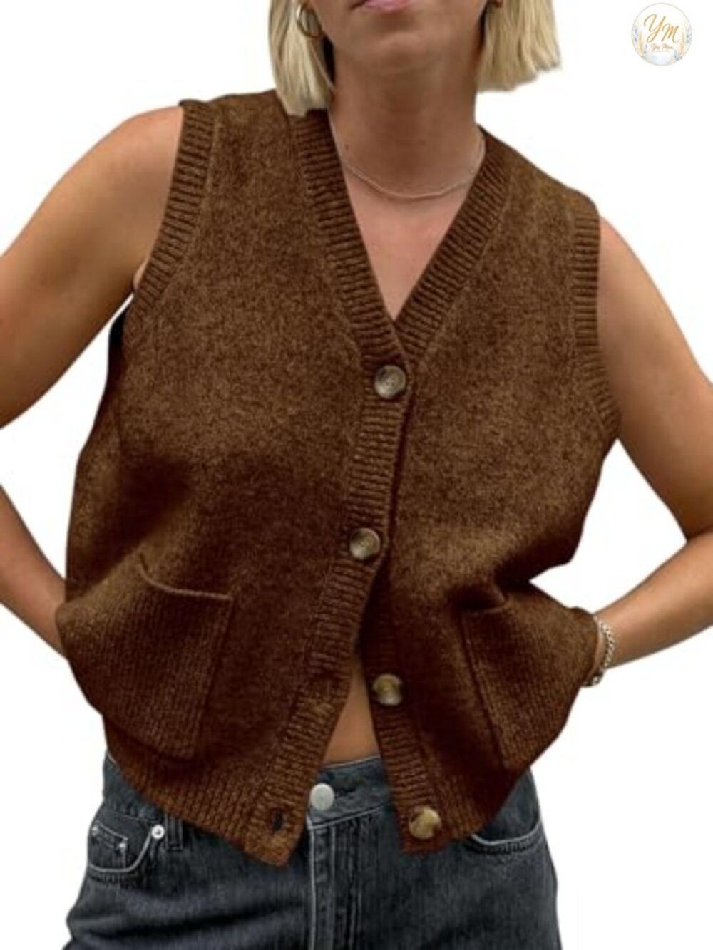 Sleeveless Button V Neck Knit Sweater Vest Cardigan with Pockets Casual Summer